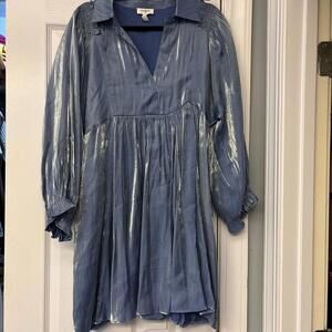 Umgee Blue Shine Metallic V-Neck Long Sleeve Dress. Size Large. Holiday Party.